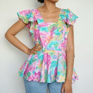 Pastel Multicolour Floral Summer Flowy Peplum Tank Top
